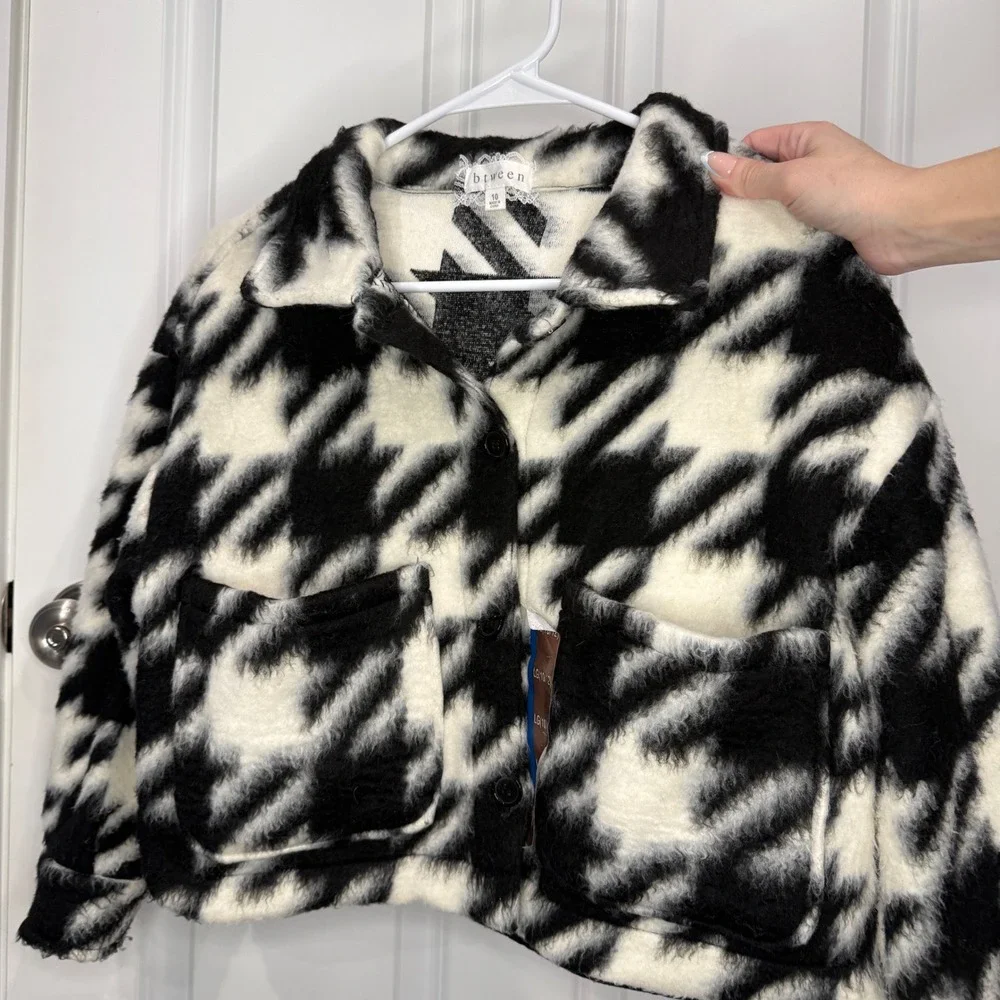 Btween Girls Black White Houndstooth Fuzzy‎ Shacket Jacket Size 10 LG 10/12
